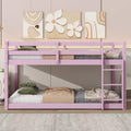 Okak 77.3IN Twin-Over-Twin Floor Bunk Bed with Ladder, Twin Bed with Guardrail and Strengthened Slats, Bed Frames for Kids Room, Gaming Room, Pink