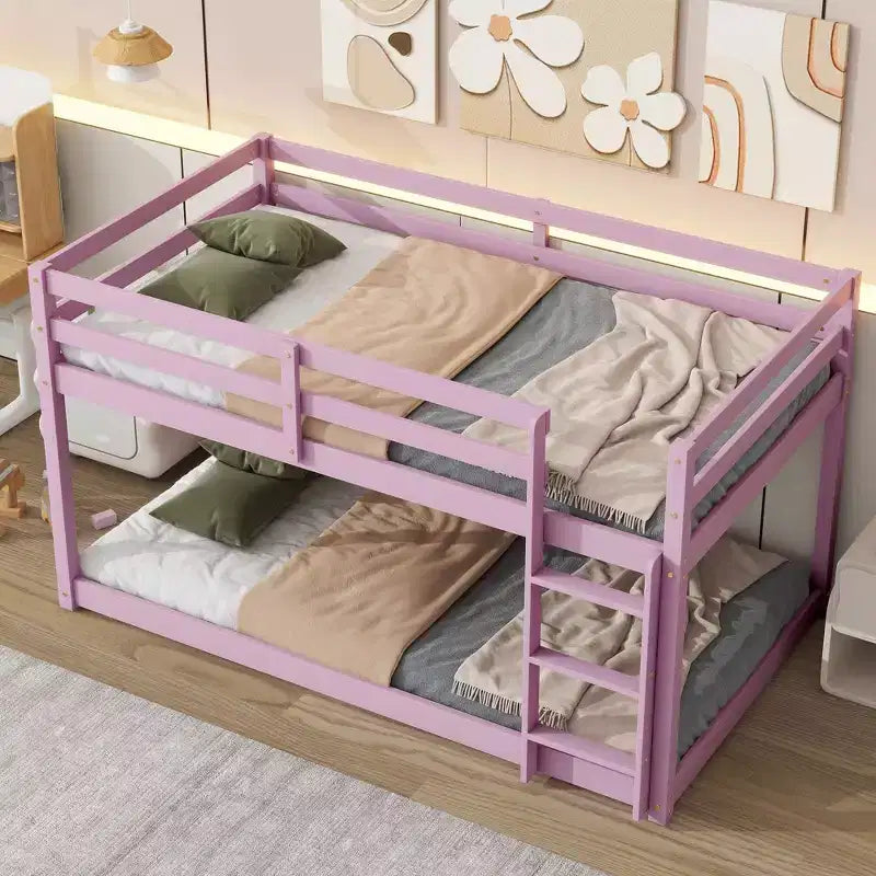 Okak 77.3IN Twin-Over-Twin Floor Bunk Bed with Ladder, Twin Bed with Guardrail and Strengthened Slats, Bed Frames for Kids Room, Gaming Room, Pink