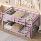 Okak 77.3IN Twin-Over-Twin Floor Bunk Bed with Ladder, Twin Bed with Guardrail and Strengthened Slats, Bed Frames for Kids Room, Gaming Room, Pink