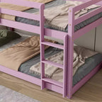 Okak 77.3IN Twin-Over-Twin Floor Bunk Bed with Ladder, Twin Bed with Guardrail and Strengthened Slats, Bed Frames for Kids Room, Gaming Room, Pink