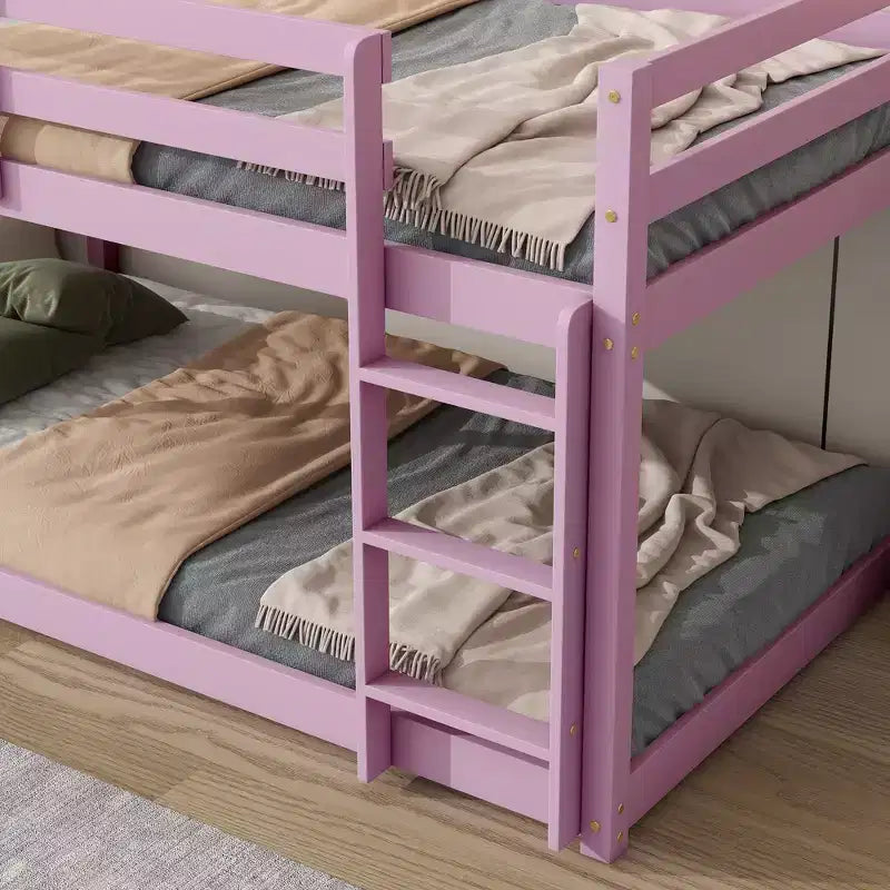 Okak 77.3IN Twin-Over-Twin Floor Bunk Bed with Ladder, Twin Bed with Guardrail and Strengthened Slats, Bed Frames for Kids Room, Gaming Room, Pink