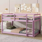 Okak 77.3IN Twin-Over-Twin Floor Bunk Bed with Ladder, Twin Bed with Guardrail and Strengthened Slats, Bed Frames for Kids Room, Gaming Room, Pink