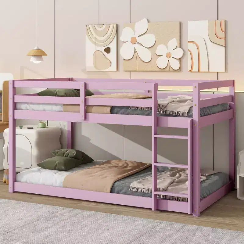 Okak 77.3IN Twin-Over-Twin Floor Bunk Bed with Ladder, Twin Bed with Guardrail and Strengthened Slats, Bed Frames for Kids Room, Gaming Room, Pink