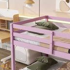Okak 77.3IN Twin-Over-Twin Floor Bunk Bed with Ladder, Twin Bed with Guardrail and Strengthened Slats, Bed Frames for Kids Room, Gaming Room, Pink