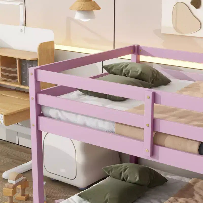 Okak 77.3IN Twin-Over-Twin Floor Bunk Bed with Ladder, Twin Bed with Guardrail and Strengthened Slats, Bed Frames for Kids Room, Gaming Room, Pink