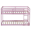 Okak 77.3IN Twin-Over-Twin Floor Bunk Bed with Ladder, Twin Bed with Guardrail and Strengthened Slats, Bed Frames for Kids Room, Gaming Room, Pink