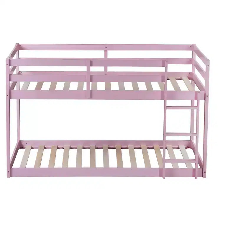Okak 77.3IN Twin-Over-Twin Floor Bunk Bed with Ladder, Twin Bed with Guardrail and Strengthened Slats, Bed Frames for Kids Room, Gaming Room, Pink