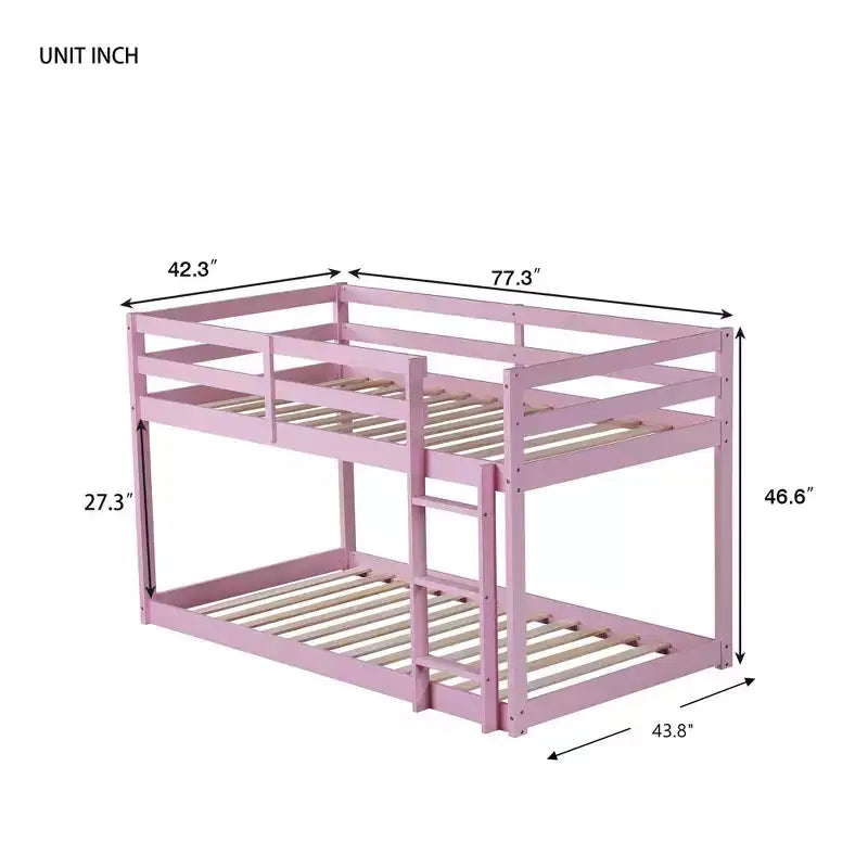 Okak 77.3IN Twin-Over-Twin Floor Bunk Bed with Ladder, Twin Bed with Guardrail and Strengthened Slats, Bed Frames for Kids Room, Gaming Room, Pink