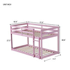 Okak 77.3IN Twin-Over-Twin Floor Bunk Bed with Ladder, Twin Bed with Guardrail and Strengthened Slats, Bed Frames for Kids Room, Gaming Room, Pink