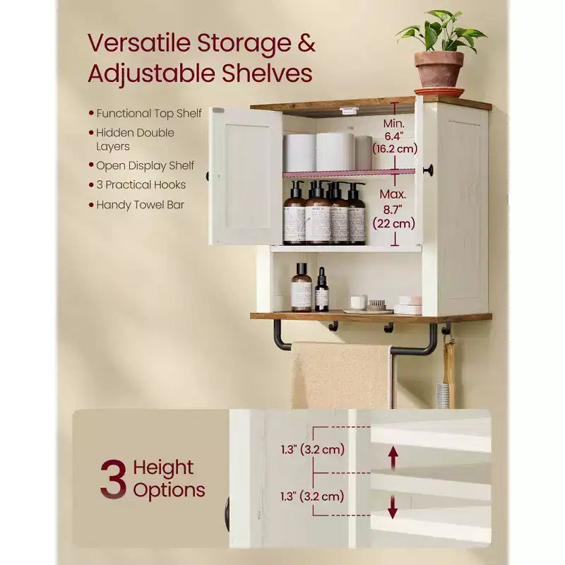 Farmhouse Wall-Mounted Cabinet with Barn Doors, 18.1x24 Inch Medicine Storage with Adjustable Shelf and Towel Bar, Rustic White