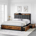 Rustic BrownStorage Bed Frame  4-Drawer Platform with Charging Station (No Box Spring Needed)