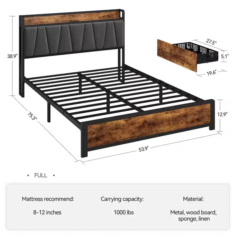 Letto con contenitore marrone rustico, struttura a piattaforma con 4 cassetti e stazione di ricarica (non è necessaria la rete a molle)