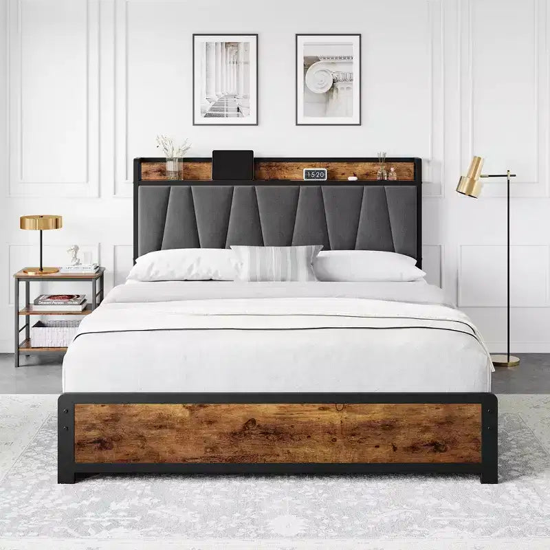 Letto con contenitore marrone rustico, struttura a piattaforma con 4 cassetti e stazione di ricarica (non è necessaria la rete a molle)