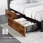 Letto con contenitore marrone rustico, struttura a piattaforma con 4 cassetti e stazione di ricarica (non è necessaria la rete a molle)