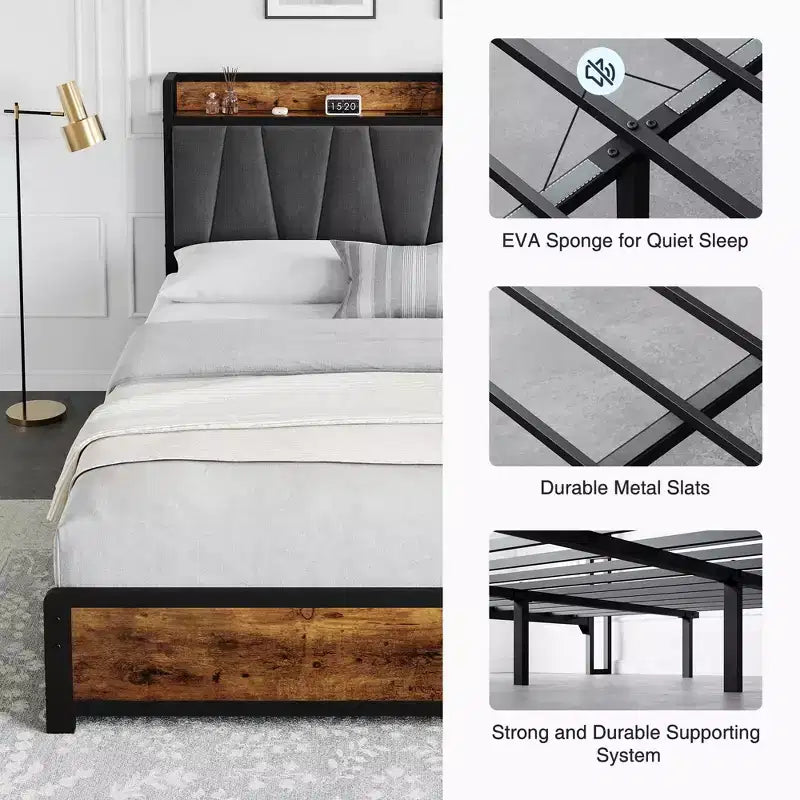 Letto con contenitore marrone rustico, struttura a piattaforma con 4 cassetti e stazione di ricarica (non è necessaria la rete a molle)