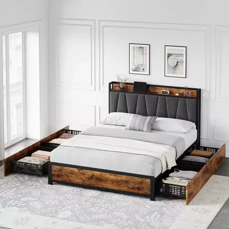 Letto con contenitore marrone rustico, struttura a piattaforma con 4 cassetti e stazione di ricarica (non è necessaria la rete a molle)