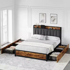 Letto con contenitore marrone rustico, struttura a piattaforma con 4 cassetti e stazione di ricarica (non è necessaria la rete a molle)