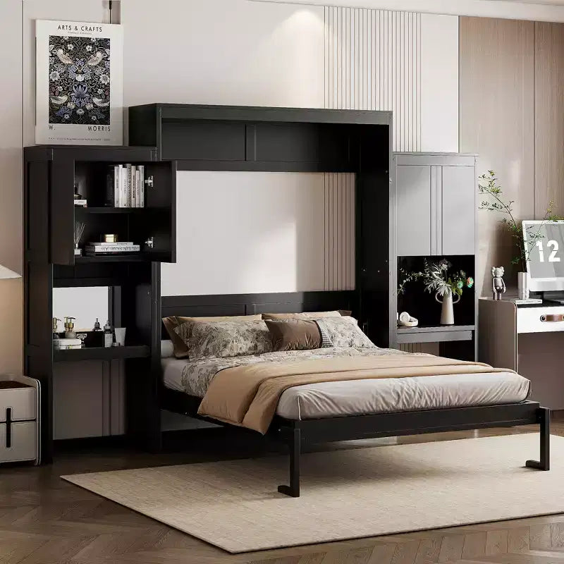 Queen Size Murphy Bed Space-saving Wall Bed Foldable Bed with Desk, Vanity with Mirror & Cabinets - ModernLuxe