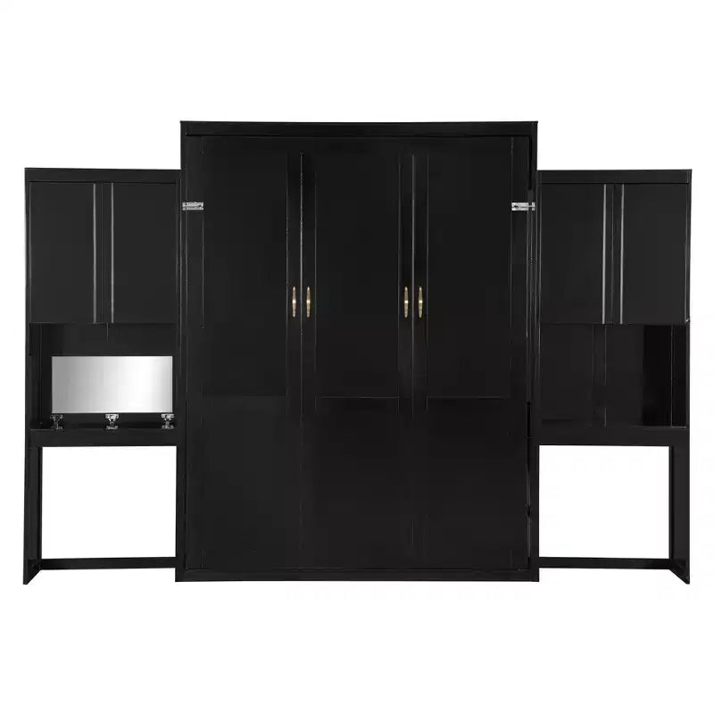 Queen Size Murphy Bed Space-saving Wall Bed Foldable Bed with Desk, Vanity with Mirror & Cabinets - ModernLuxe