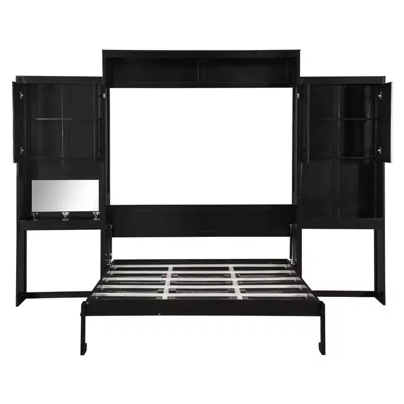 Queen Size Murphy Bed Space-saving Wall Bed Foldable Bed with Desk, Vanity with Mirror & Cabinets - ModernLuxe