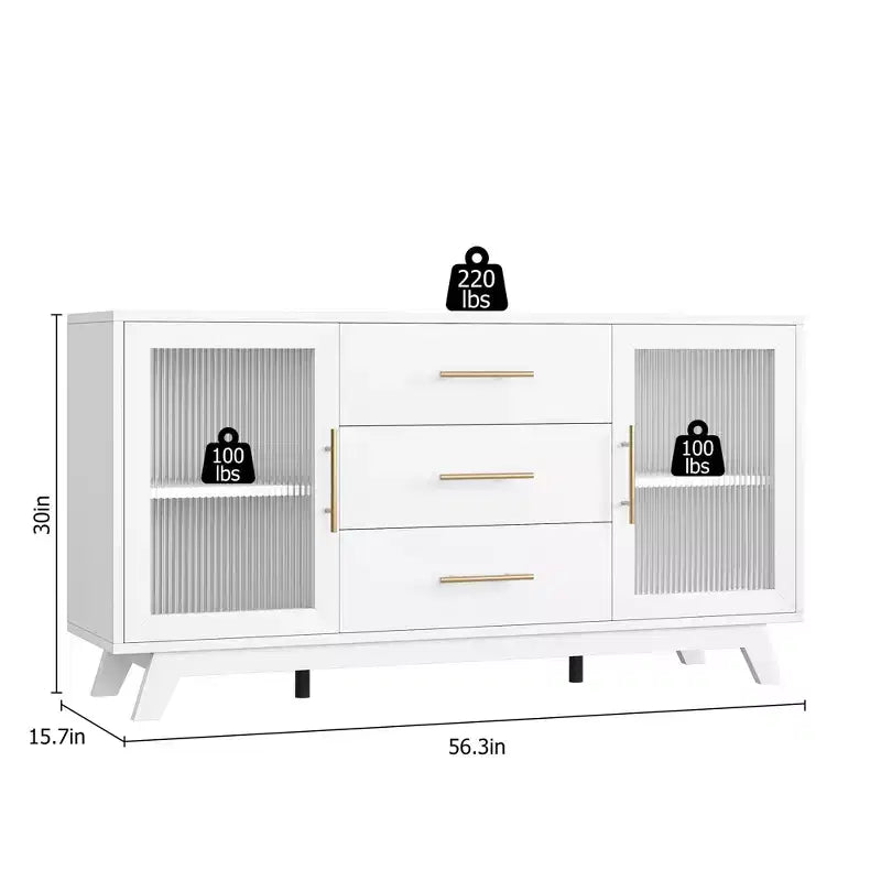 CuisinSmart 56'' Buffet Cabinet Sideboard with Fluted Glass Doors+Gold Handles, Coffee Bar Cabinet with Adjustable Shelves, for Dining&Living Room