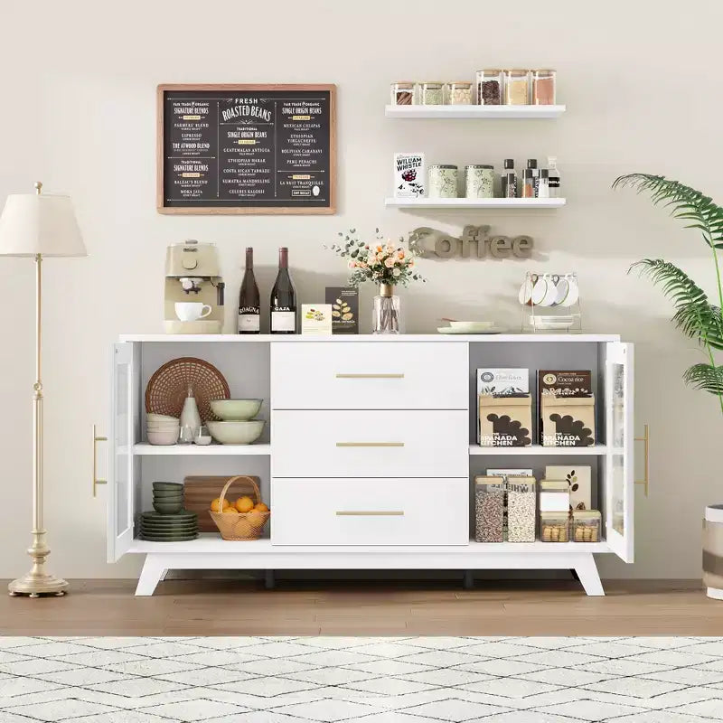 CuisinSmart 56'' Buffet Cabinet Sideboard with Fluted Glass Doors+Gold Handles, Coffee Bar Cabinet with Adjustable Shelves, for Dining&Living Room