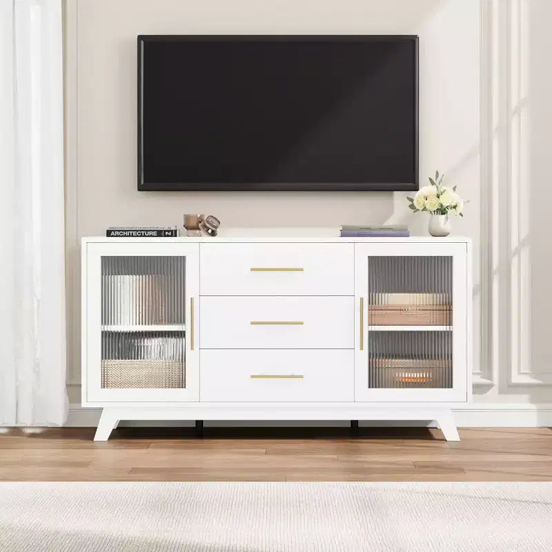 CuisinSmart 56'' Buffet Cabinet Sideboard with Fluted Glass Doors+Gold Handles, Coffee Bar Cabinet with Adjustable Shelves, for Dining&Living Room