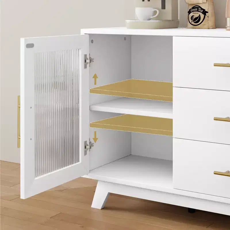CuisinSmart 56'' Buffet Cabinet Sideboard with Fluted Glass Doors+Gold Handles, Coffee Bar Cabinet with Adjustable Shelves, for Dining&Living Room