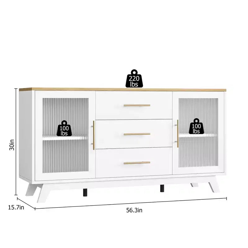 CuisinSmart 56'' Buffet Cabinet Sideboard with Fluted Glass Doors+Gold Handles, Coffee Bar Cabinet with Adjustable Shelves, for Dining&Living Room
