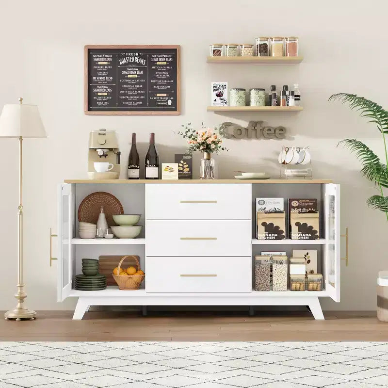CuisinSmart 56'' Buffet Cabinet Sideboard with Fluted Glass Doors+Gold Handles, Coffee Bar Cabinet with Adjustable Shelves, for Dining&Living Room
