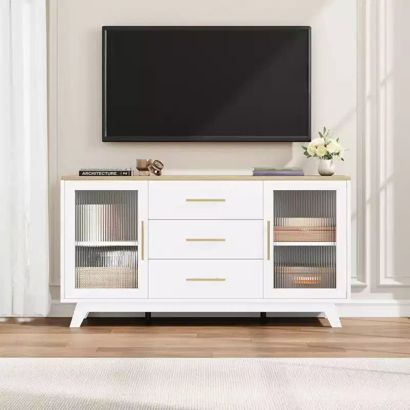 CuisinSmart 56'' Buffet Cabinet Sideboard with Fluted Glass Doors+Gold Handles, Coffee Bar Cabinet with Adjustable Shelves, for Dining&Living Room