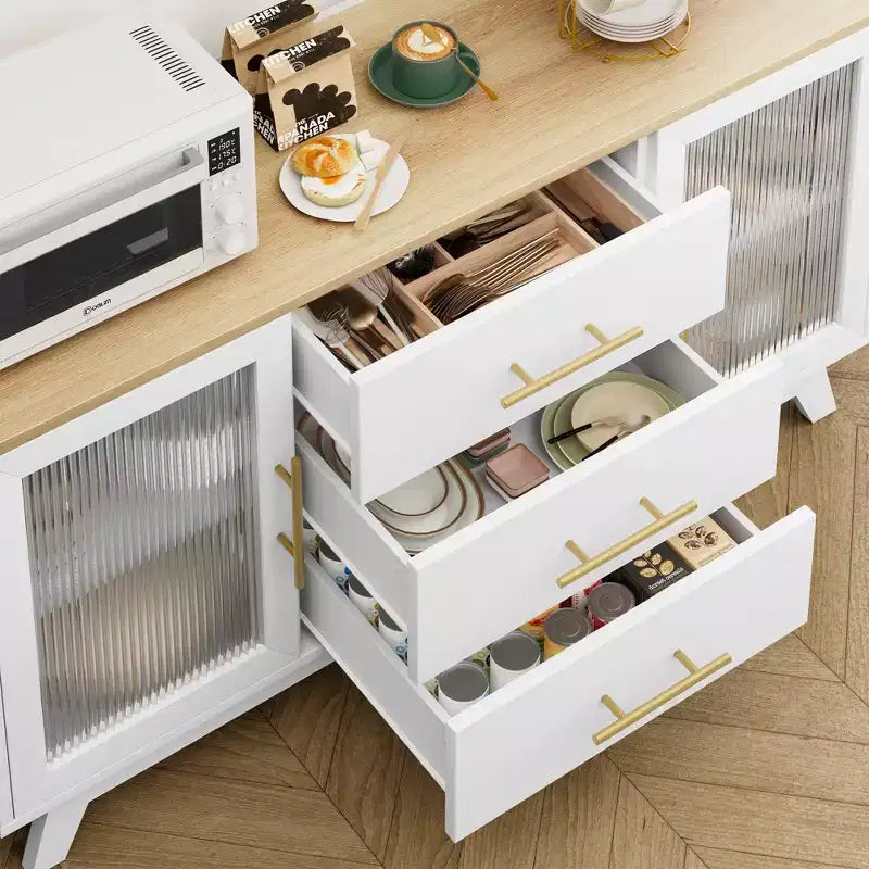 CuisinSmart 56'' Buffet Cabinet Sideboard with Fluted Glass Doors+Gold Handles, Coffee Bar Cabinet with Adjustable Shelves, for Dining&Living Room