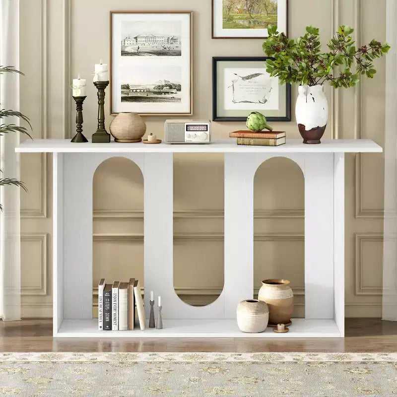 Consolle moderna curva Okak 60IN con impiallacciatura in frassino, tavolo da ingresso con ripiano inferiore, tavolo da corridoio per soggiorno, atrio