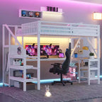 Letto a soppalco interamente in metallo Whisen con armadio, luce a LED, scrivania a forma di L e USB, materiali di alta qualità per la stabilità