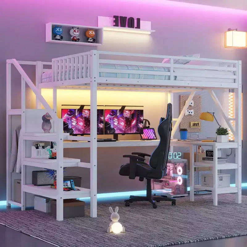 Letto a soppalco interamente in metallo Whisen con armadio, luce a LED, scrivania a forma di L e USB, materiali di alta qualità per la stabilità