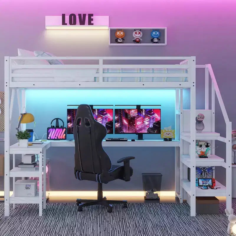 Letto a soppalco interamente in metallo Whisen con armadio, luce a LED, scrivania a forma di L e USB, materiali di alta qualità per la stabilità