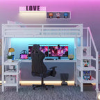 Letto a soppalco interamente in metallo Whisen con armadio, luce a LED, scrivania a forma di L e USB, materiali di alta qualità per la stabilità