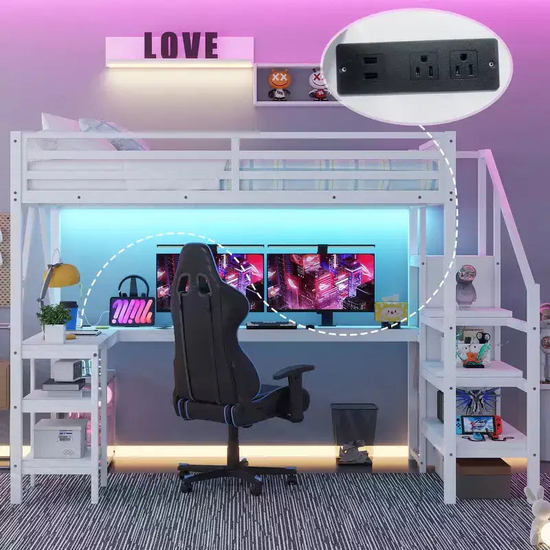 Letto a soppalco interamente in metallo Whisen con armadio, luce a LED, scrivania a forma di L e USB, materiali di alta qualità per la stabilità