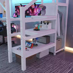 Letto a soppalco interamente in metallo Whisen con armadio, luce a LED, scrivania a forma di L e USB, materiali di alta qualità per la stabilità