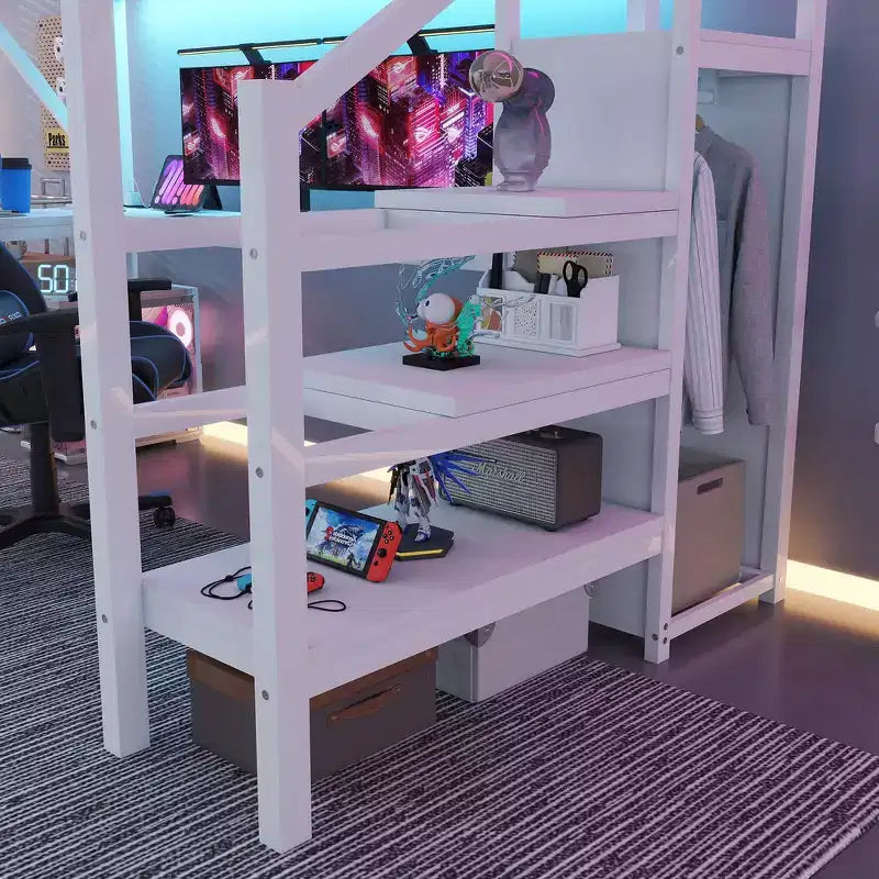 Letto a soppalco interamente in metallo Whisen con armadio, luce a LED, scrivania a forma di L e USB, materiali di alta qualità per la stabilità