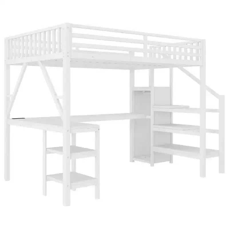 Letto a soppalco interamente in metallo Whisen con armadio, luce a LED, scrivania a forma di L e USB, materiali di alta qualità per la stabilità