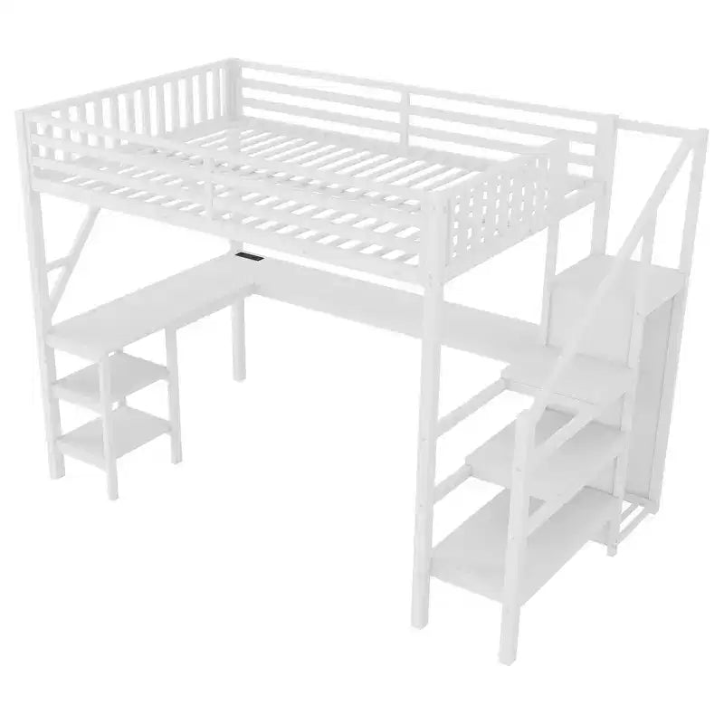 Letto a soppalco interamente in metallo Whisen con armadio, luce a LED, scrivania a forma di L e USB, materiali di alta qualità per la stabilità