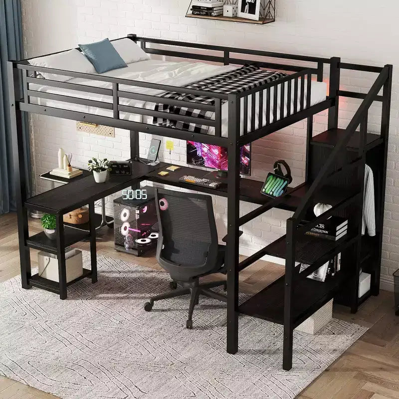 Letto a soppalco interamente in metallo Whisen con armadio, luce a LED, scrivania a forma di L e USB, materiali di alta qualità per la stabilità