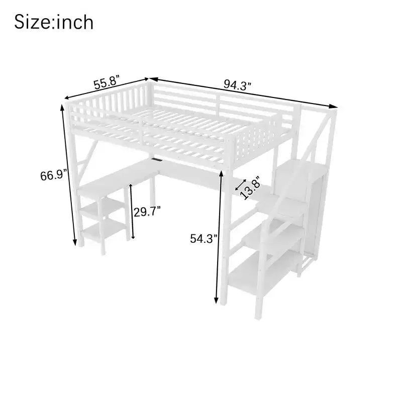 Letto a soppalco interamente in metallo Whisen con armadio, luce a LED, scrivania a forma di L e USB, materiali di alta qualità per la stabilità