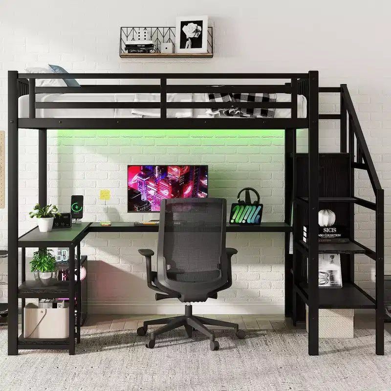 Letto a soppalco interamente in metallo Whisen con armadio, luce a LED, scrivania a forma di L e USB, materiali di alta qualità per la stabilità