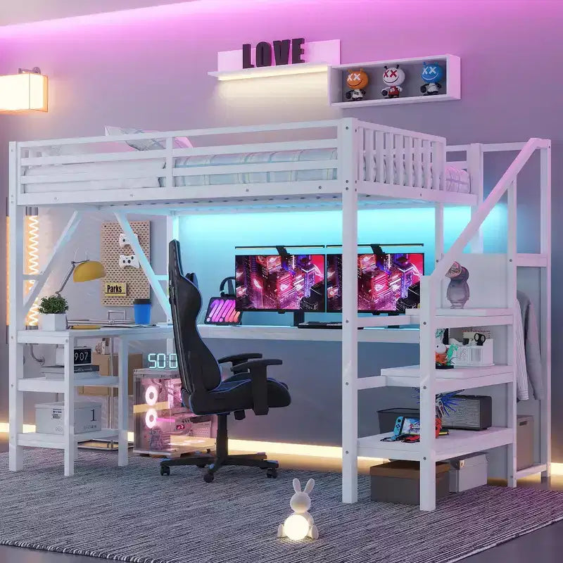 Letto a soppalco interamente in metallo Whisen con armadio, luce a LED, scrivania a forma di L e USB, materiali di alta qualità per la stabilità