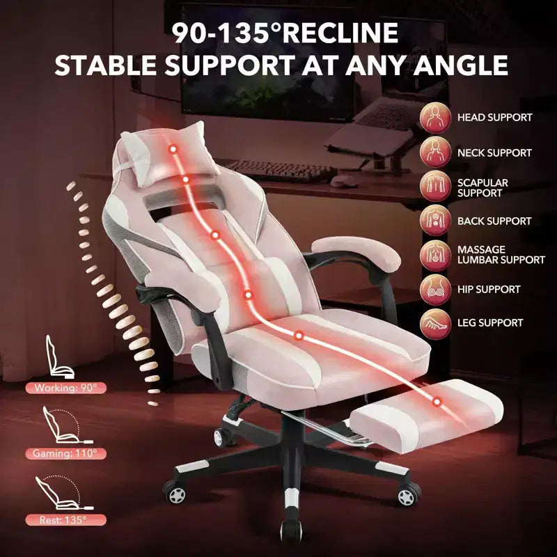Sedia rosa fior di ciliegio con poggiapiedi, sedia ergonomica da computer con supporto lombare e poggiatesta, base girevole a 360° e sedia direzionale regolabile in altezza