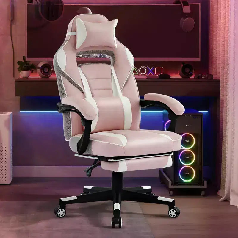 Sedia rosa fior di ciliegio con poggiapiedi, sedia ergonomica da computer con supporto lombare e poggiatesta, base girevole a 360° e sedia direzionale regolabile in altezza