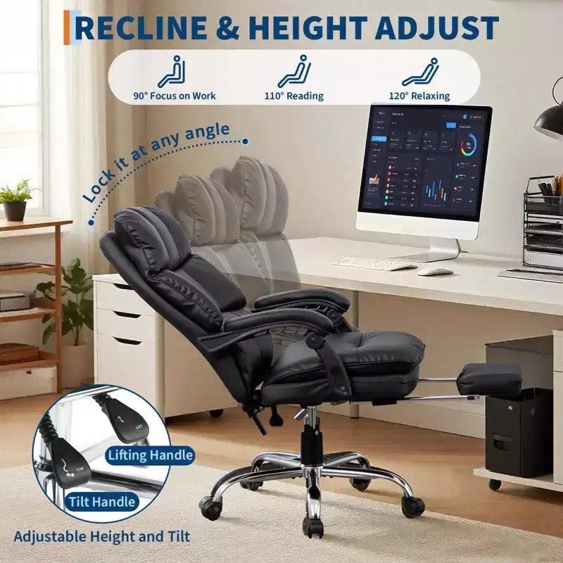 High-Back Executive Office ChairCBlack PU Leather Desk Chair with Footrest, 360 Swivel & Ergonomic SupportCComfortable Home Computer/Gaming Chair