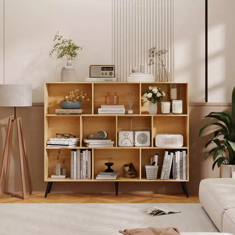 Wooden 10 Cube Bookshelf, 3 Tier Floor Standing Display Cabinet with 5 Iron Legs & Anti-Tip System, Open Display Shelf for Home Office